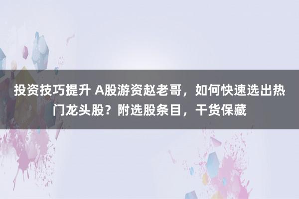 投资技巧提升 A股游资赵老哥，如何快速选出热门龙头股？附选股条目，干货保藏